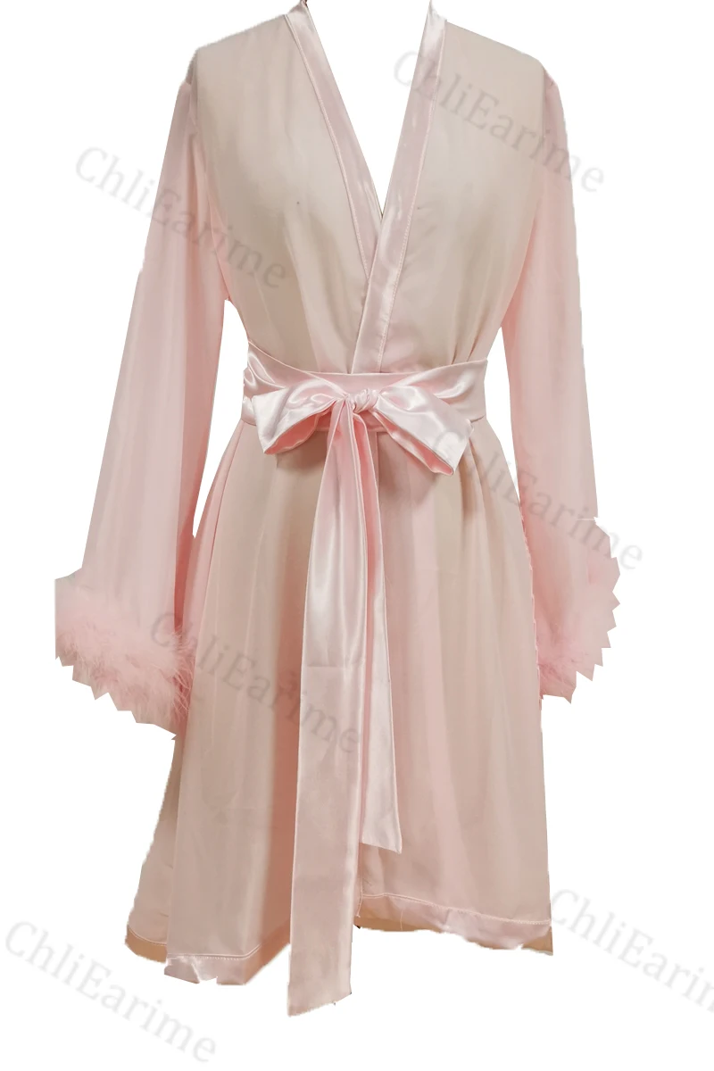 Ladies pink feather cuffs satin nightgown dress skirt