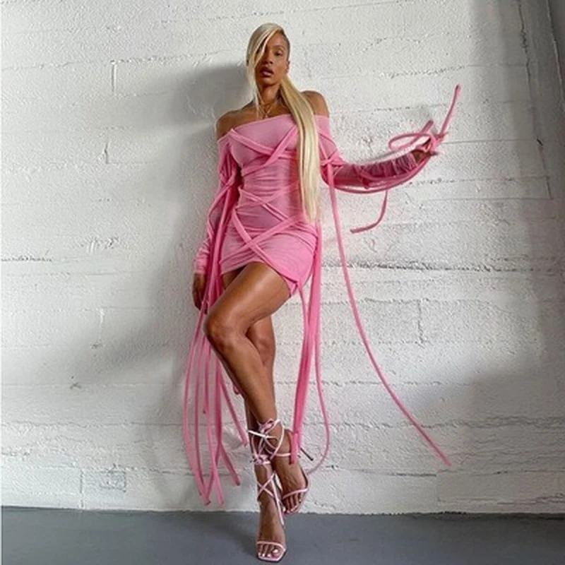 

WeiYao See Through Mesh Women Mini Dress Skinn Stretchy Wedding Sling Slash Neck Bodycon Tube Top Trend Summer Slim Outfits