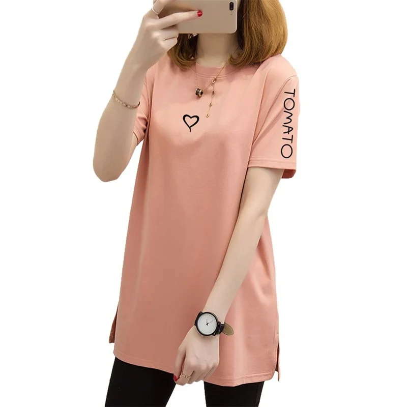 

Summer Women T-shirt Short Sleeve Letter Printed Slit Hem Tops Ladies Casual Blouse