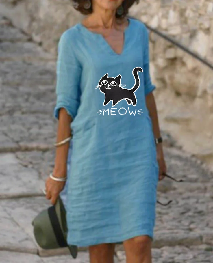

New medium sleeve V-neck linen dress
