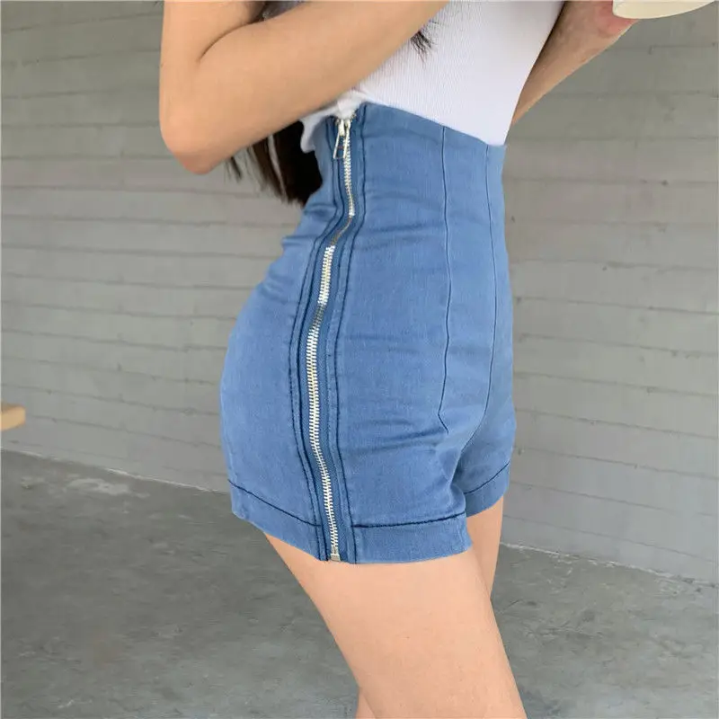 

Summer Korean Girl Group Style High Waist Elastic Jeans Side Zipper Shorts Women Casual Shorts Hot Skinny Mini Super Shorts