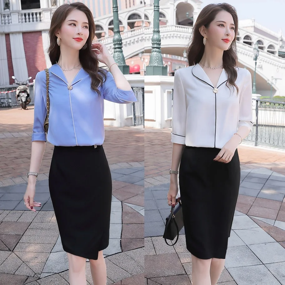 Женский офисный комплект из 2 предметов блузка с коротким рукавом и юбка|Рубашки|