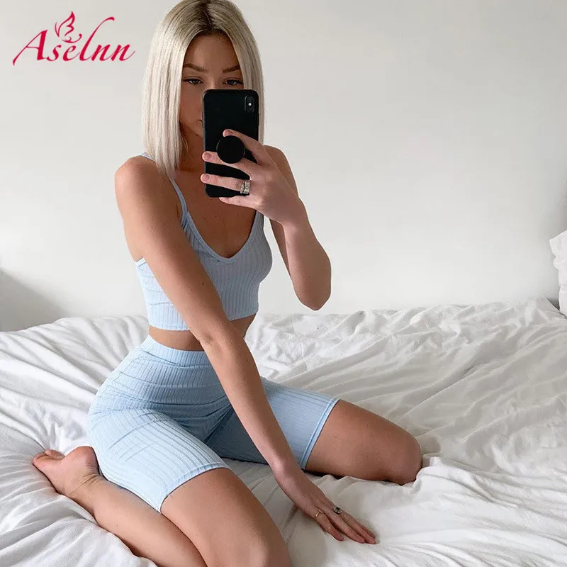 Aselnn облегающий ребристый вязаный комплект из двух предметов женские короткие