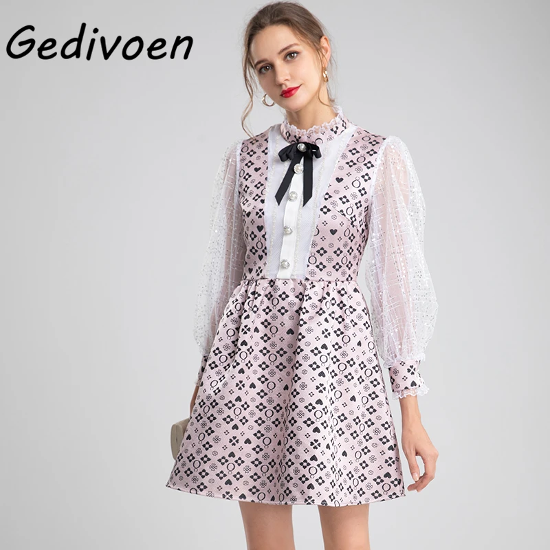 

Gedivoen Designer Summer Fashion Bow Dress Women's Sequins Mesh Lantern Sleeves Beautiful Button Spliced Print Elegant Dresses