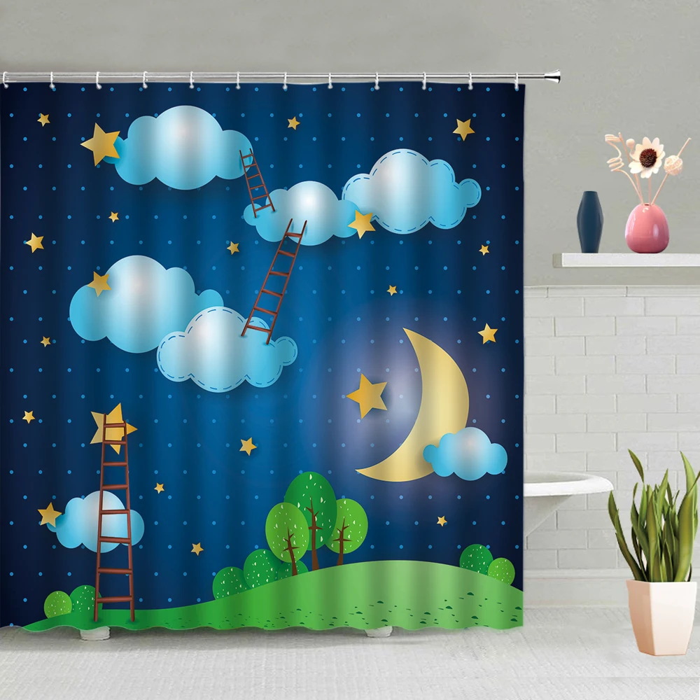 

Cartoon Shower Curtains Starry Sky Fish Boat Children's Bedroom Curtains Bathroom Bath Screens Washable With Hook Set Home Decor