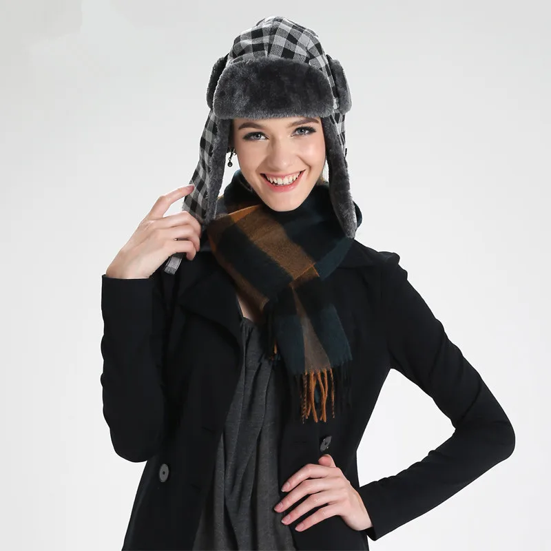 Bomber Hat Женская Мужская зимняя шапка унисекс с ушками для женщин теплые ушные щитки Кепка ветрозащитная Толстая клетчатая русская ушанка шапка