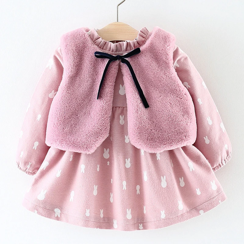 Little Girl Winter Plus Velvet Dresses + Vest 2pcs Long Sleeve Flower Princess Dress Baby Birthday Costume Kids Clothing | Детская