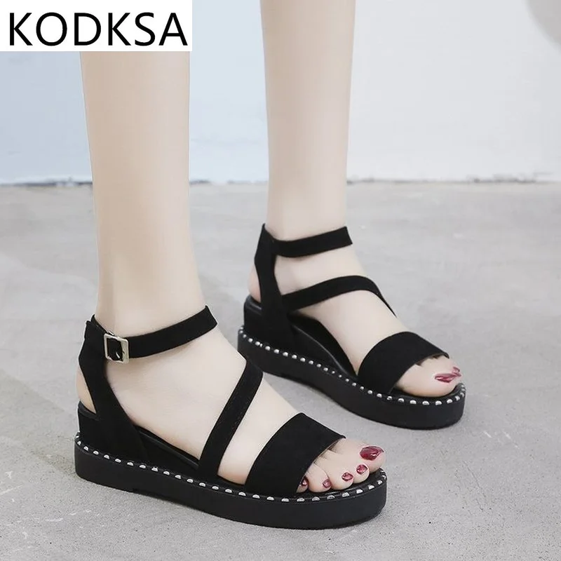 

Thick-soled Sandals Female Summer 2021 New Sandals Female Flat-soled Students Korean Version Of Non-slip Roman Slope Heel Sandal