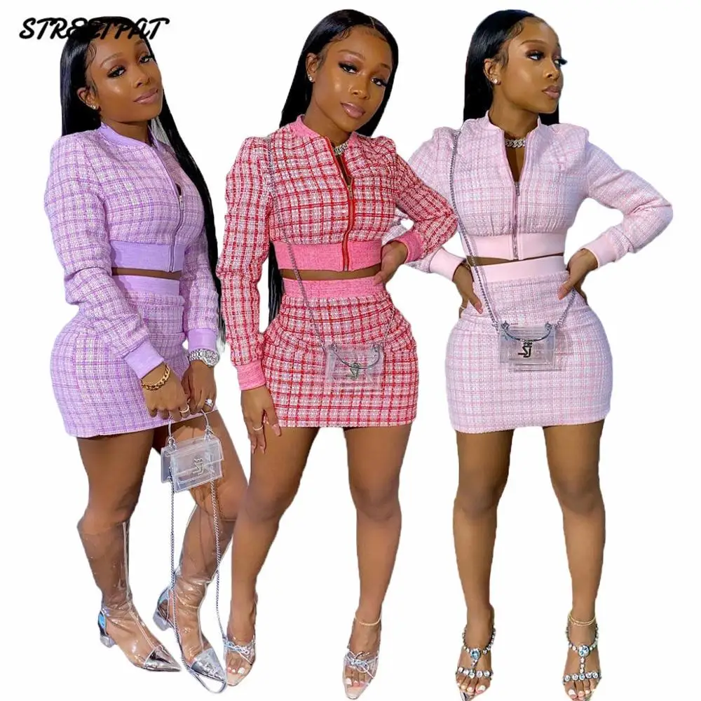 Женский Осенний клетчатый комплект из двух предметов с юбкой и укороченным топом