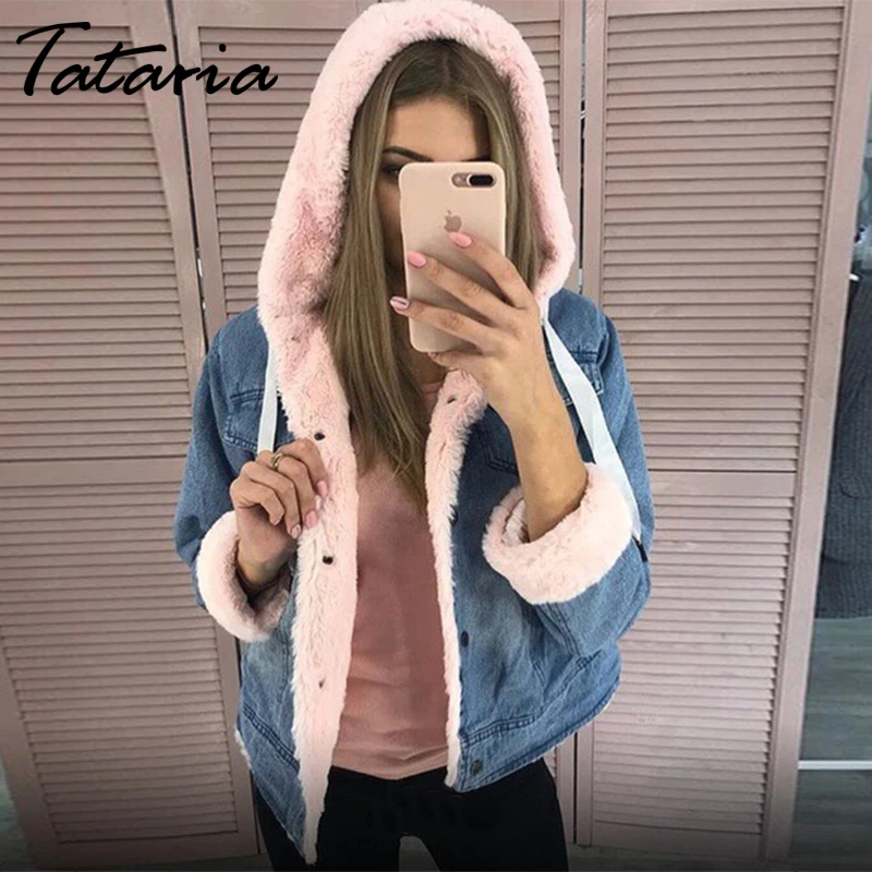 Tataria женская зимняя Вельветовая джинсовая куртка для женщин, теплая плотная куртка с капюшоном, женская теплая джинсовая куртка в духе колледжа