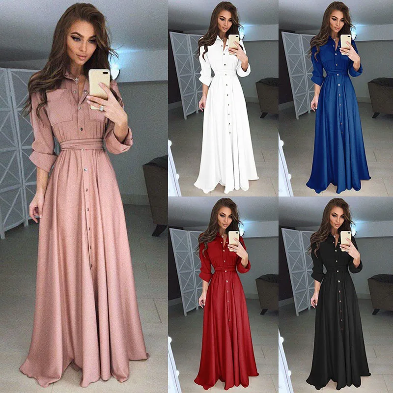 

Spring and Autumn Slim Long Sleeve Button Lace Up Dress 5 Color 8 Size Ladies Dress in Spot