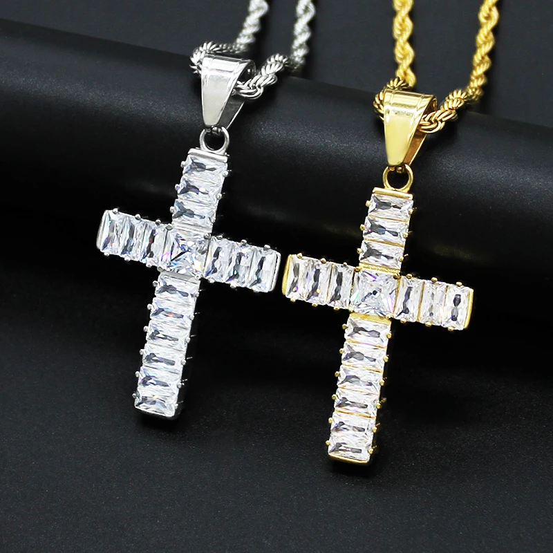 

New 316 stainless steel gold-plated inlaid 5A grade rectangular zircon cross pendant necklace vacuum plating is not allergic