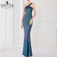 sparkle green prom dresses one shoulder shiny sequin evening gown fit mermaid girl party dress glitter women formal gowns chic