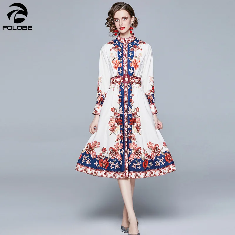 

FOLOBE 2021 Spring Print Dresses Women Vintage Fashion Long Sleeve Stand Collar Single-breasted Office Lady Dinner Robe Vestidos