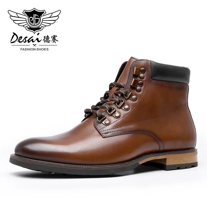 DESAI Men Boots High Male Shoes Non-Slip Heels Genuine Leather Fashion Men s Shoes Outdoor Desert Boots 2021