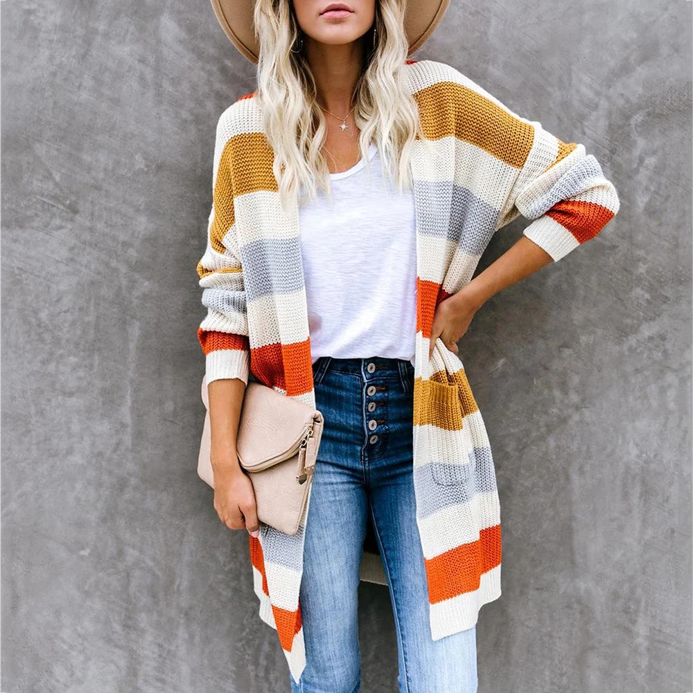 

Colorful Striped Plus Size Long Cardigans Women Knitted Full Sleeve Rainbow Sweaters Autumn Winter Sweater Coats Knit Outwear
