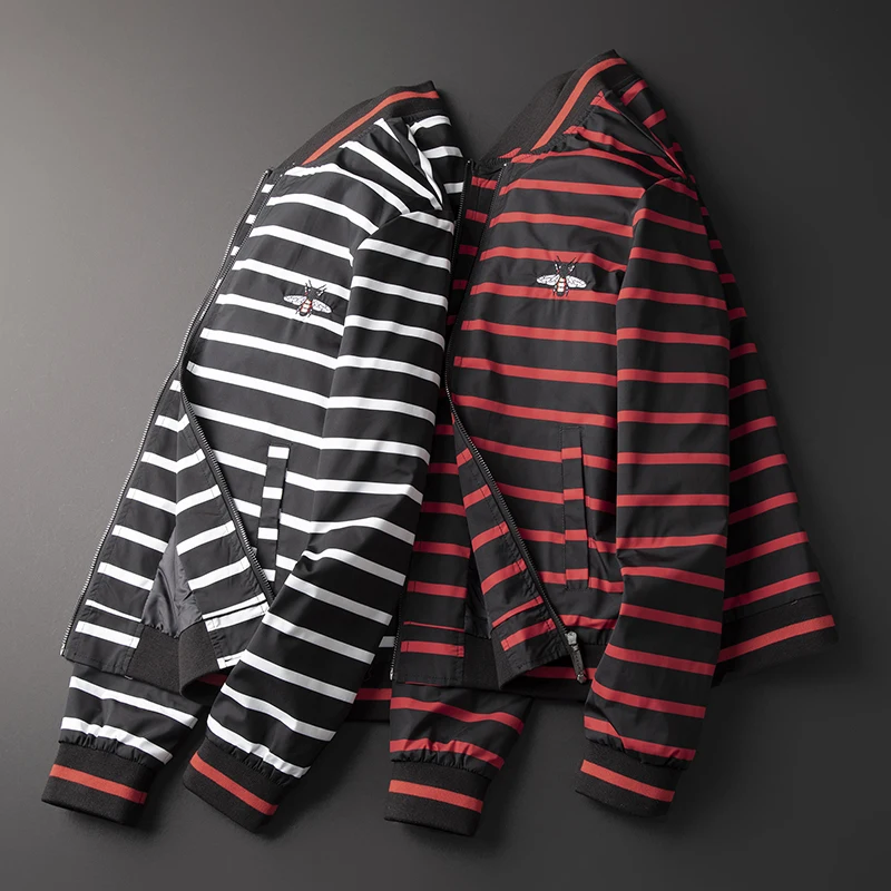 

Great Designer Men Zipper Jacket Famouse Brand Striped Style Mens Baseball Outerwear Coats Black Red M-4XL 5XL 2110