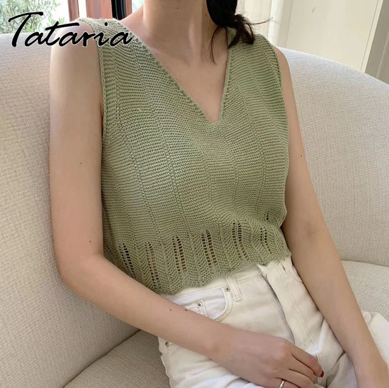 

Knitted Tank Tops Hollow Out Korean 2023New Summer Women Loose Solid Vest Simple Ladies Slim Sling V Neck Sexy Short Top Female