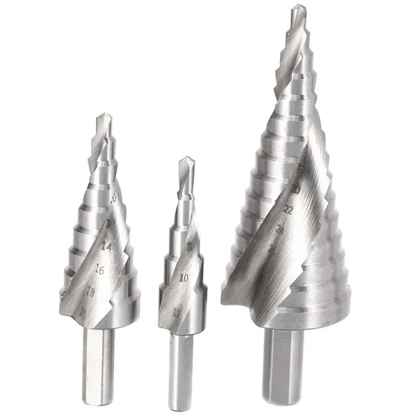 

3 Pcs Step Drill Bits Cone Cut Tools Spiral Grooved Center Woodworking Wood Metal Drill Bit Set 4-12/20/32mm