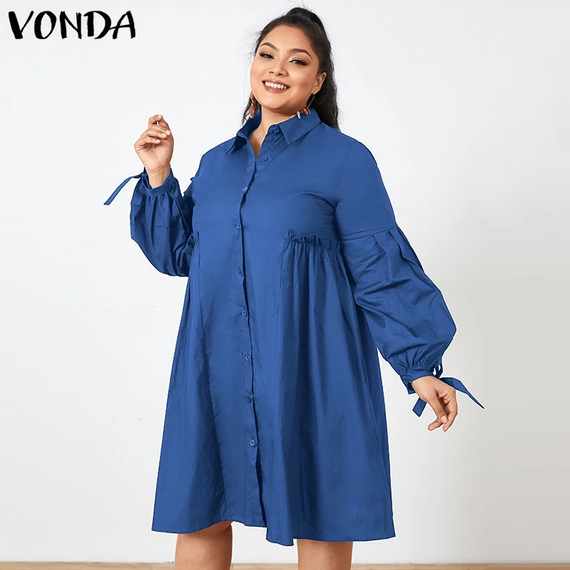 VONDA 5XL женское платье 2021 осень с отложным воротником длинными рукавами фонариками