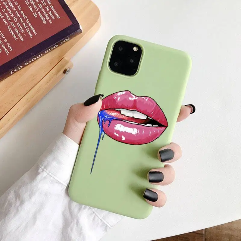 

Sexy lady make up Pink Red lips rolling Phone Case Green Candy Color for iPhone 6 7 8 11 12 s mini pro X XS XR MAX Plus