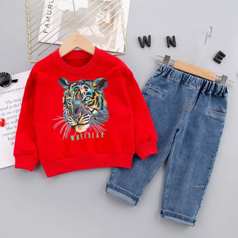 

Spring Autumn New Cotton Baby Girls Clothing Sets Toddler Boys Cool Cartoon Tiger Sweatershirts+Denim Pants Casual Kids Outfits