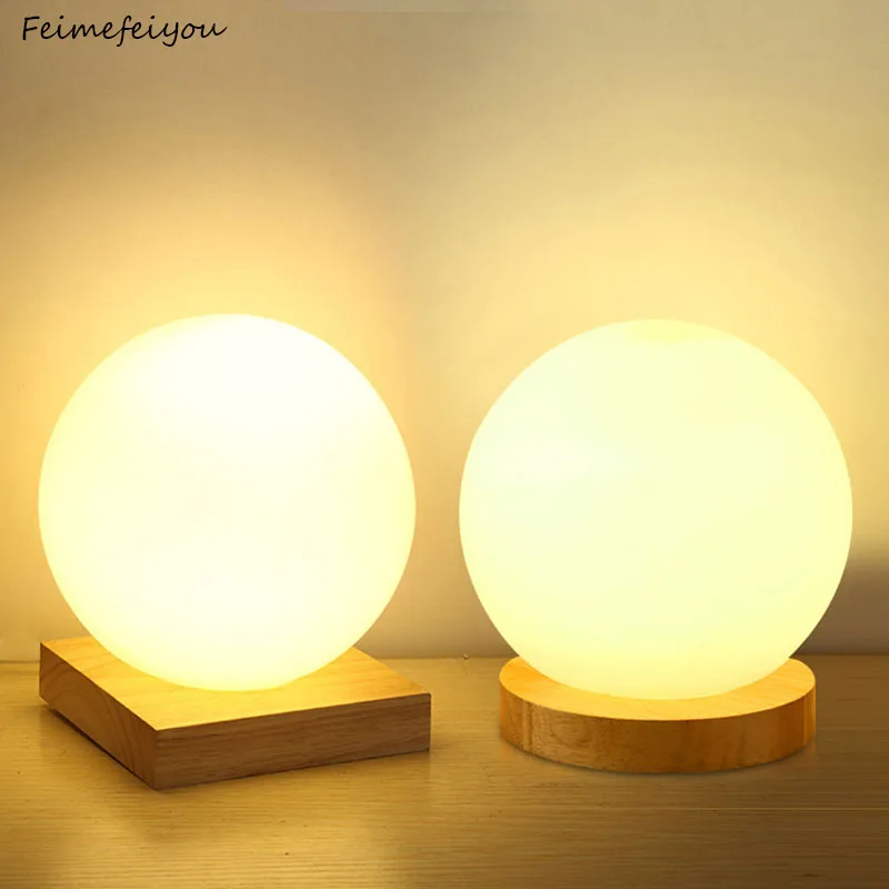 

Feimefeiyou 15cm Simple Glass Creative Warm Dimmer Night Light Desk Bedroom Bed Decoration Ball Wooden Small Round Desk Lamp