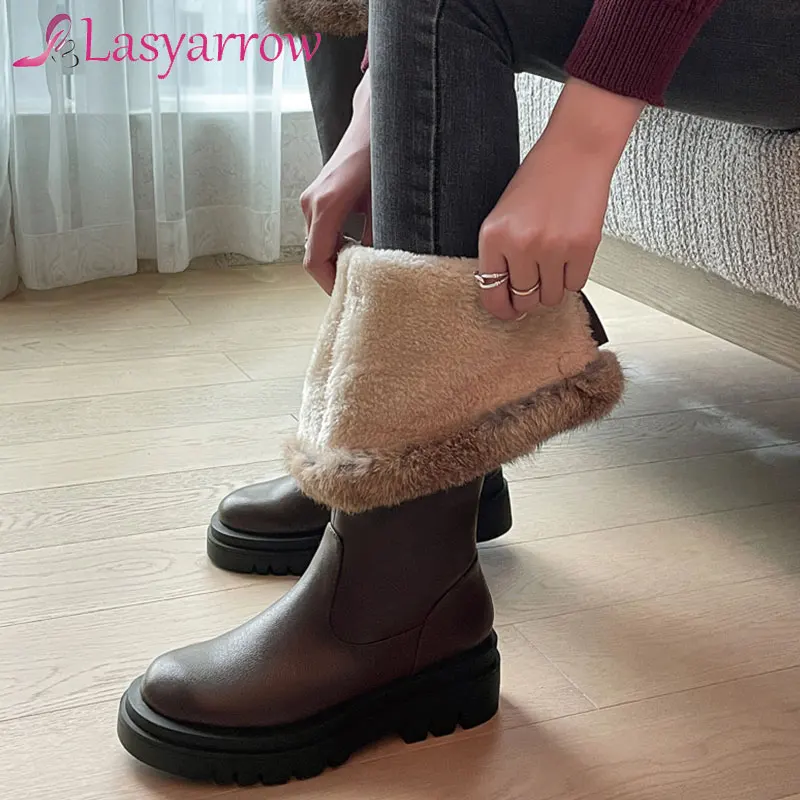 

Lasyarrow 2022 Big Size 43 Knee High Boots Women Winter Shoes Solid Colors Keep Warm Low Heels Snow Boots Woman Black Big Size