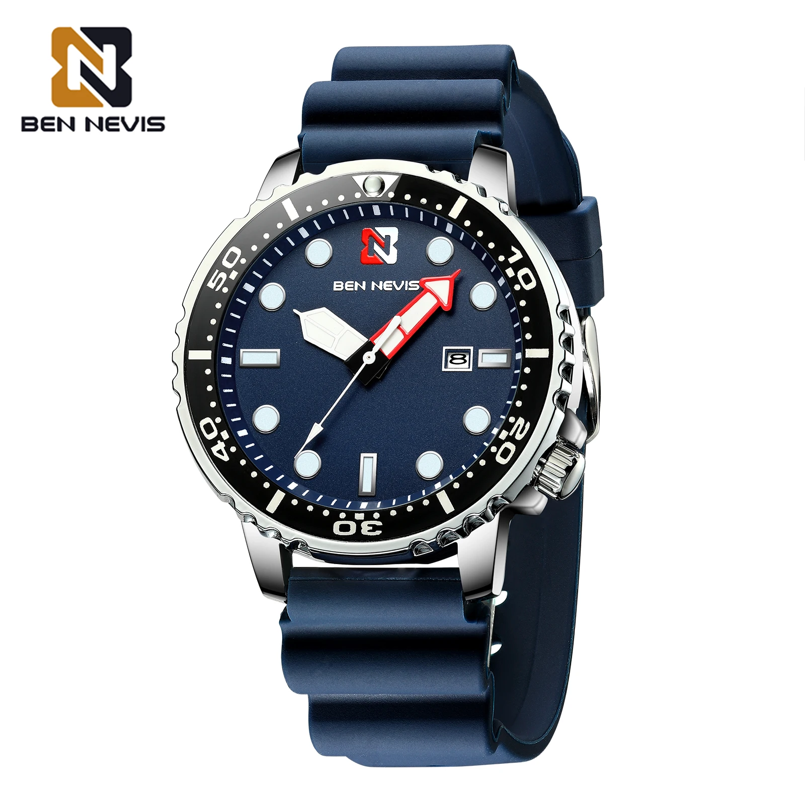 

Ben Nevis Quartz Men's Watch With Date Silicone Rubber Strap Waterproof Blue Sport Watch For Man relogios masculino