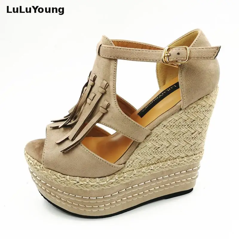

Spring Summer women Tassel Ultra-High Heel Wedges Open Toe Female Sandals