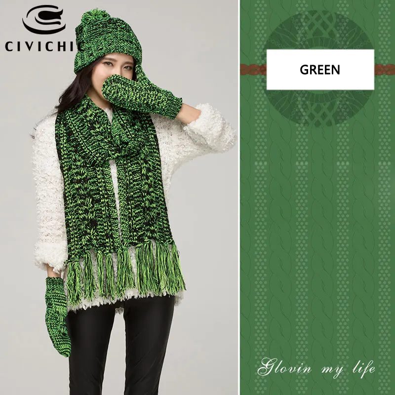 Green Шикарный женский вязаный шарф, шапка, перчатки из флиса и бархата, комплект из 3 предметов, осенний зимний головной убор, теплый помпон Skullies Beanies, грелка для шеи SH120 - Цвет: Green