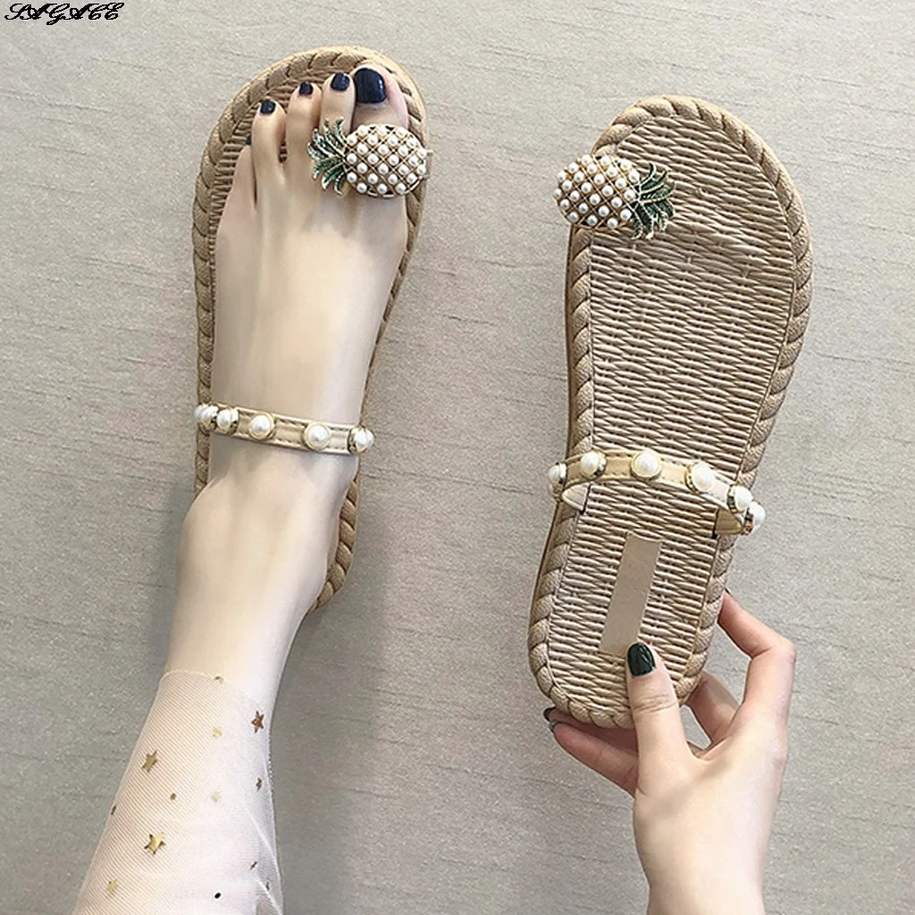 

SAGSCE Sandals Shoes Ladies Knitted Straw Beach Breathable Sandals Home Shoes Women Summer Non-slip Flat Bottom Open Toe Sandals