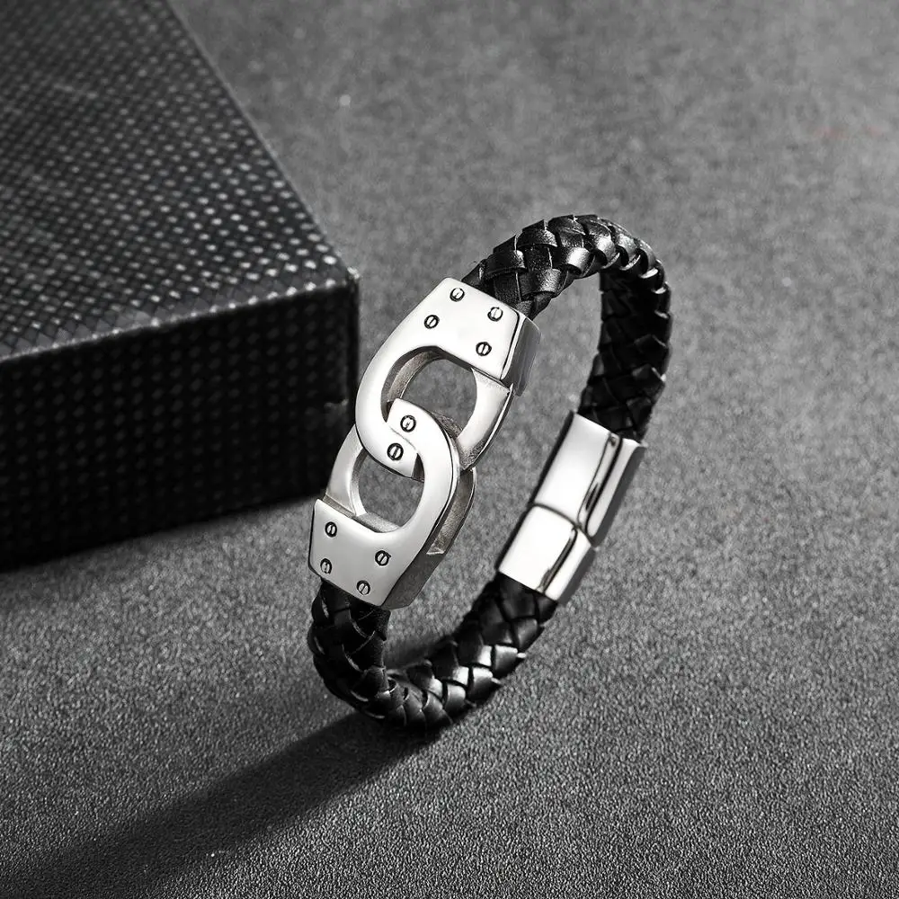 Браслет наручники из нержавеющей стали pulsera cuero hombre ручной работы Плетеный Черный