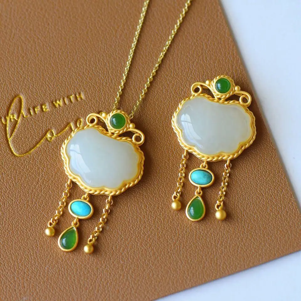 

Natural Hetian White Jade Lock of Good Wishes Pendant Vintage Design Ancient Style Thick Gold Inlaid Mother womens jewelry