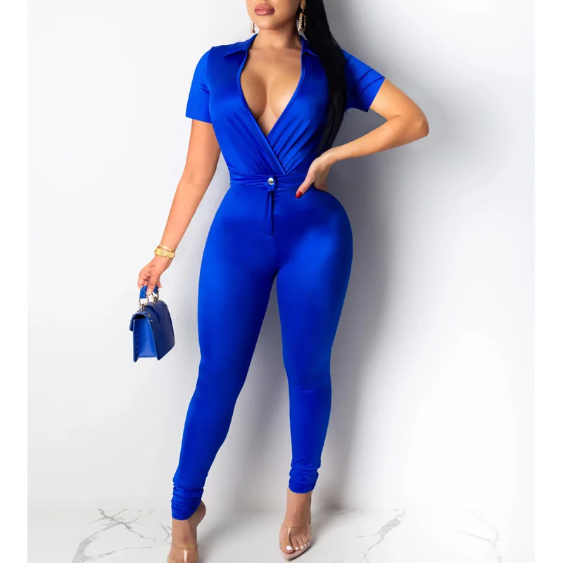 

Women Two Piece Sets Outfit Short Sleeve V neck Romper and High Waist Bodycon Skinny Pants set Chic Plus Size Suits