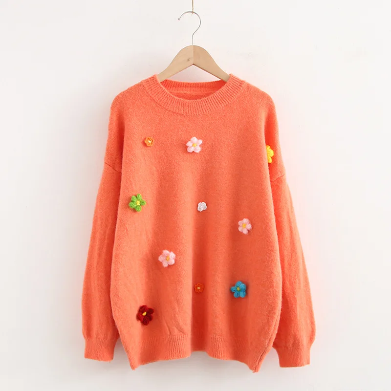 Женские свитера с вышивкой милые свободные пуловеры со стерео цветочным