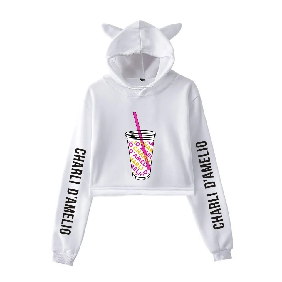 Charli Damelio Hoodies For Girls Funny Cat Ears Crop Tops Women Sweatshirts Tracksuit Coat Ice Coffee Splatter Female Pullovers