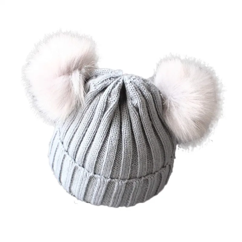 

Children's winter infant newborn baby kids faux fur hat beanie with two double pom pom for boys and girl 1-3Y