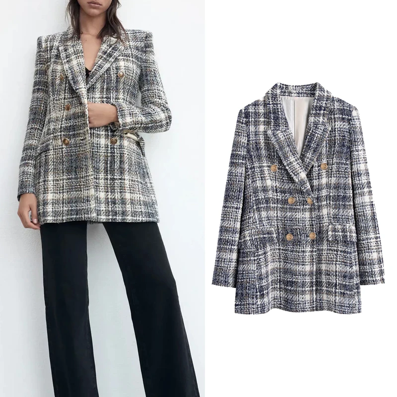 

Za Women's Coat 2021 Fashion Tweed Plaid Blazer Vintage Casual Long Sleeve Lapel Pocket Button Women's Jacket Chic Women Top