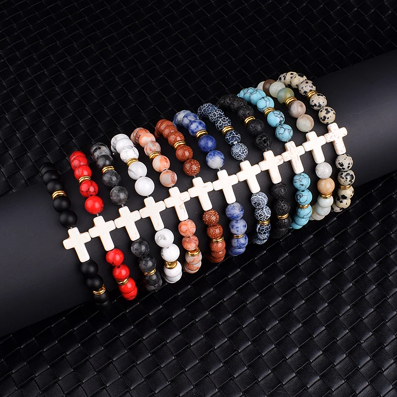 

8mm Prayer Beads Natural Stone Green Blue Turquoises Bracelets for Women Jesus Cross Charms Elasticity Yoga Bracelet Men Jewelry