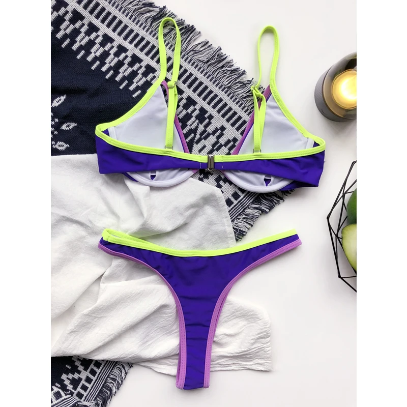 

Women's Swimwear Two-Piece Patchwork Underwire Push Up Swimsuit Top Micro Thong Swim Bottom Ladies Beachwear Bathing Suits