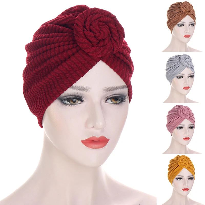 

Ladies Flower Turban Bonnet Soild Color Cotton Top Knot Inner Hijab Caps African Twist Headwear Women Head Wraps India Scarf Hat