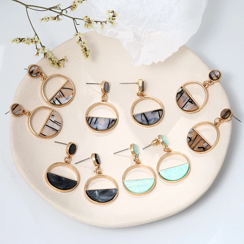 2019 геометрические круглые висячие серьги трендовые с зеленым мраморным камнем