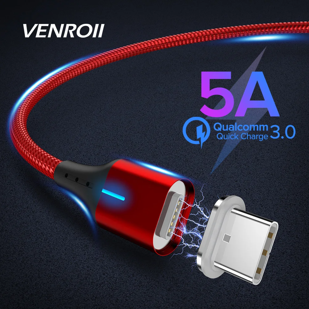 Магнитный usb кабель Venroii 5A type C для huawei mate 20 Lite P30 Pro нейлоновый провод быстрого