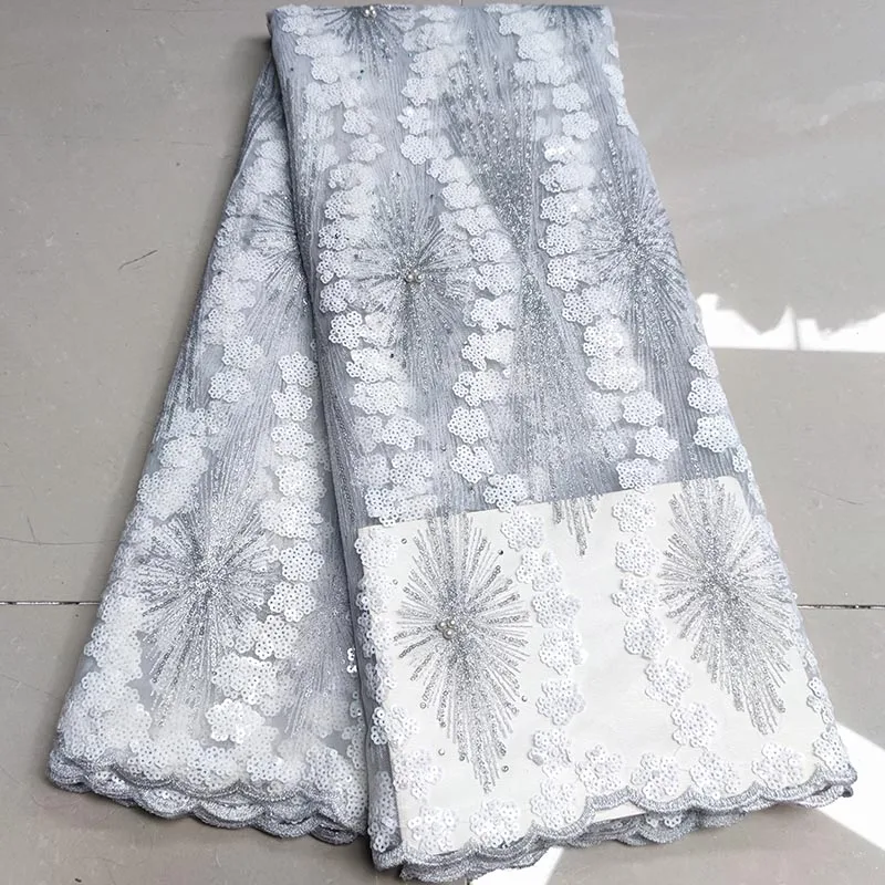 

Африканская бисерная Кружевная Ткань 5 ярдов 2021 Высококачественная Белая вышивка блестками нигерийское свадебное платье Asoebi швейный круже...