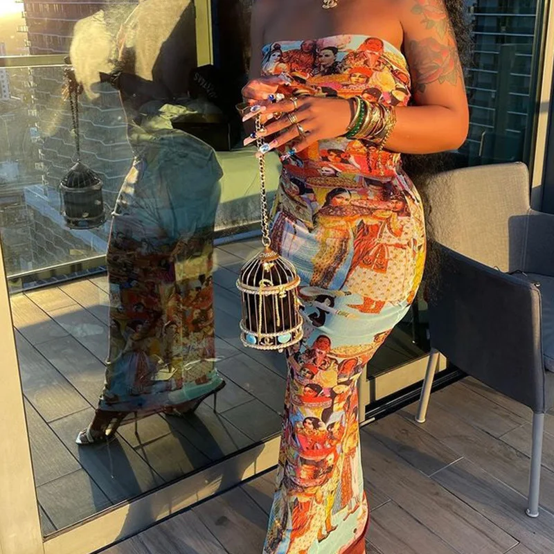 

Slip Dress Lady Sexy Strapless Hollow Out Bodycon Party Dress Summer Women Fashion Colorful Print Slim Bodycon Backless Dresses
