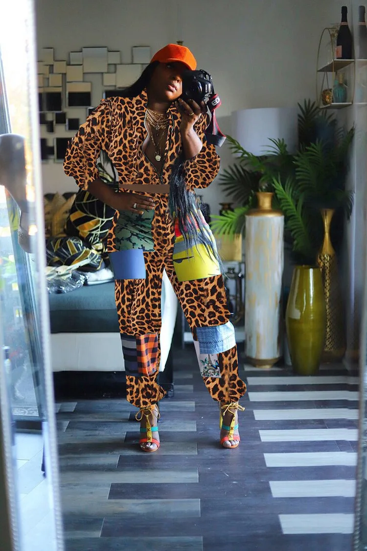 Echoine Leopard Camouflage Printed Women's Two Piece Set Windbreak Tops Pants Suit Active Wear Tracksuit Sports Fitness Outfits |