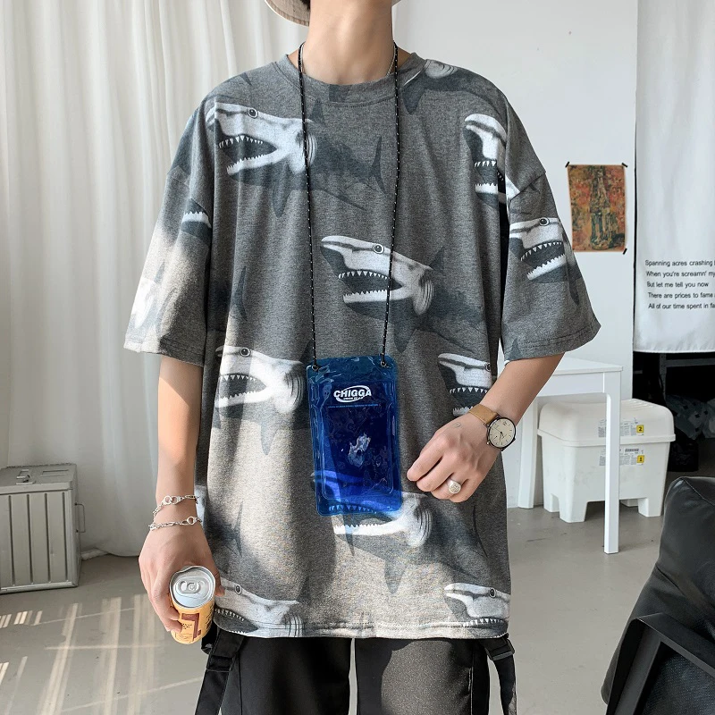 

2022 Summer Cartoon Short Sleeve Men T Shirt Shark Animal Graphic Korean Fashion Student Loose Causal Oversized Punk Clothes Top