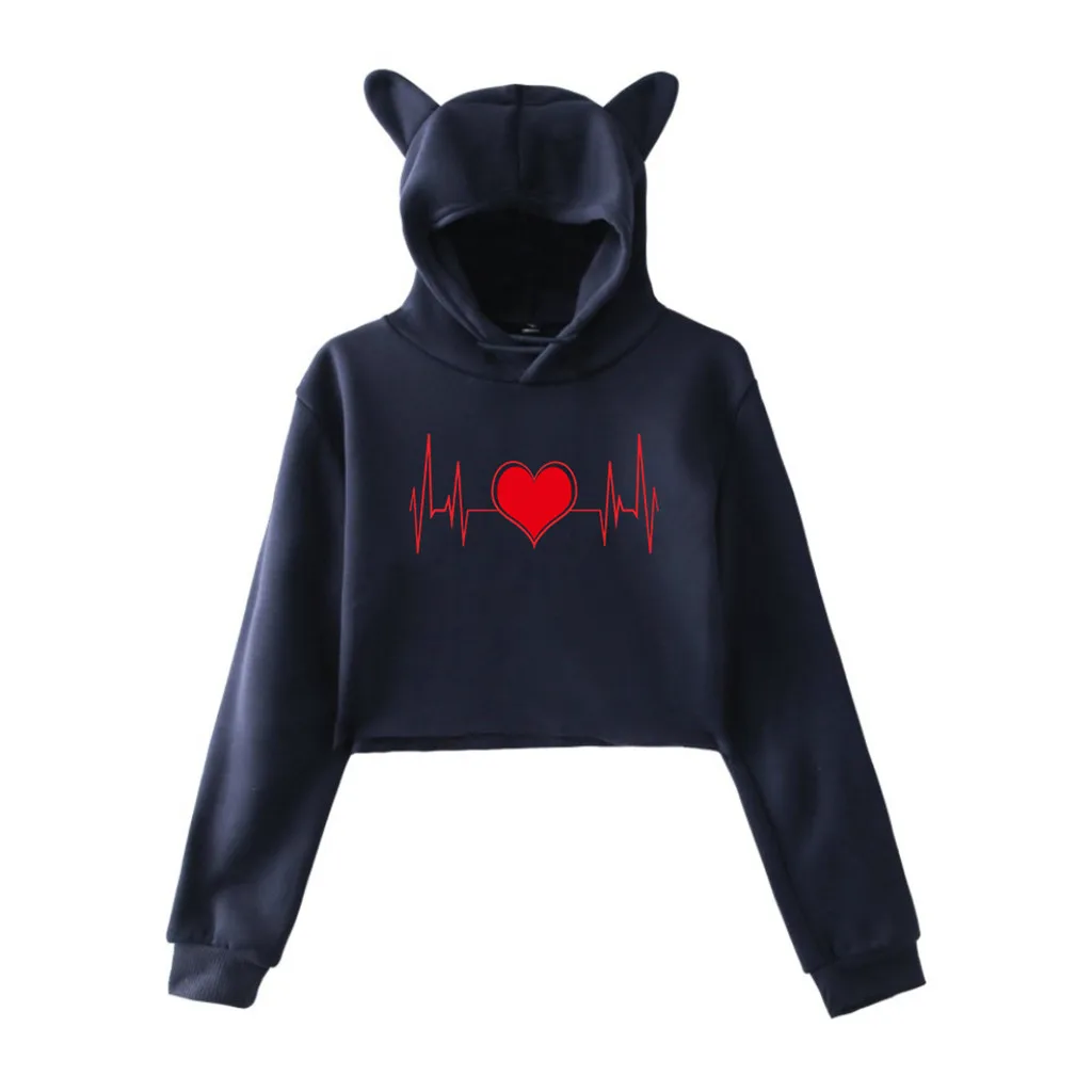 С кошачьими ушками однотонная женская толстовка с длинными рукавами и вышивкой