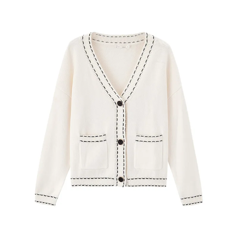 INMAN осенне-зимний мягкий кардиган контрастного цвета свитер женское бежевое